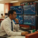 Trader de camisa branca analisa gráficos do Ibovespa em queda em múltiplos monitores em ambiente de trading