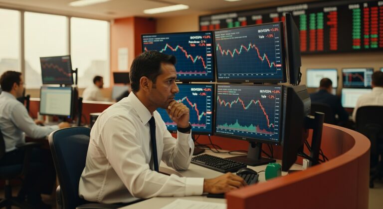 Trader de camisa branca analisa gráficos do Ibovespa em queda em múltiplos monitores em ambiente de trading