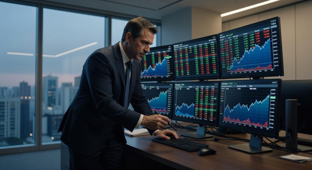 Executivo de terno analisando múltiplos monitores com gráficos financeiros, dados de ações e indicadores de mercado em escritório
