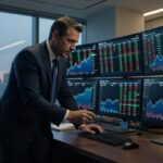 Executivo de terno analisando múltiplos monitores com gráficos financeiros, dados de ações e indicadores de mercado em escritório