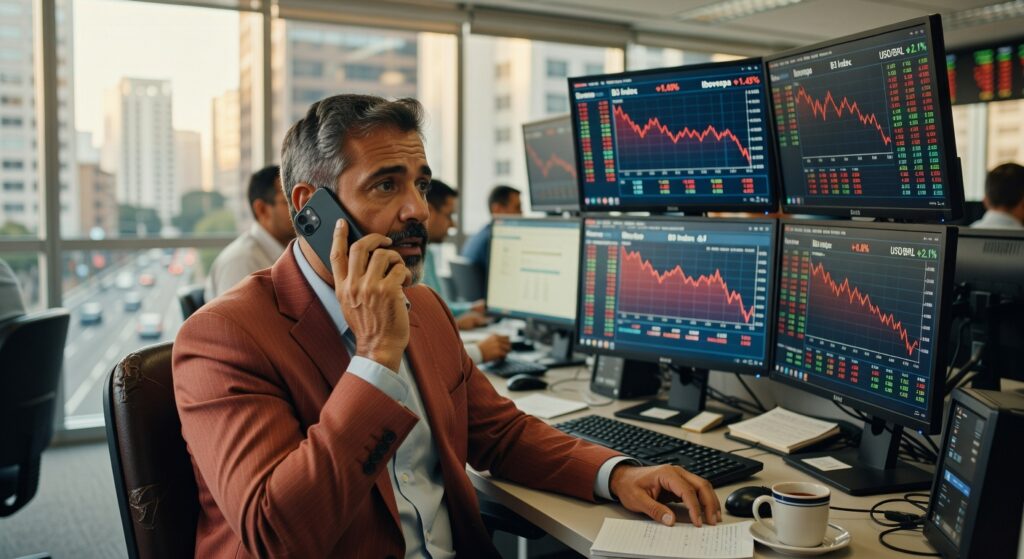 Trader de terno conversando ao telefone em mesa de operações com múltiplos monitores mostrando gráficos vermelhos em queda, Ibovespa