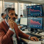 Trader de terno conversando ao telefone em mesa de operações com múltiplos monitores mostrando gráficos vermelhos em queda, Ibovespa