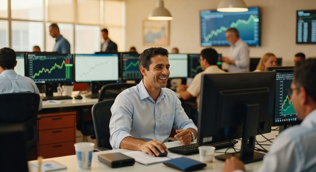 Profissionais trabalhando em sala de operações com múltiplos monitores exibindo gráficos financeiros e cotações da bolsa