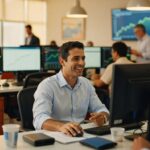 Profissionais trabalhando em sala de operações com múltiplos monitores exibindo gráficos financeiros e cotações da bolsa