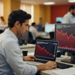 Profissional em escritório observando gráficos financeiros em monitores mostrando tendência de baixa, mercado ações Ibovespa