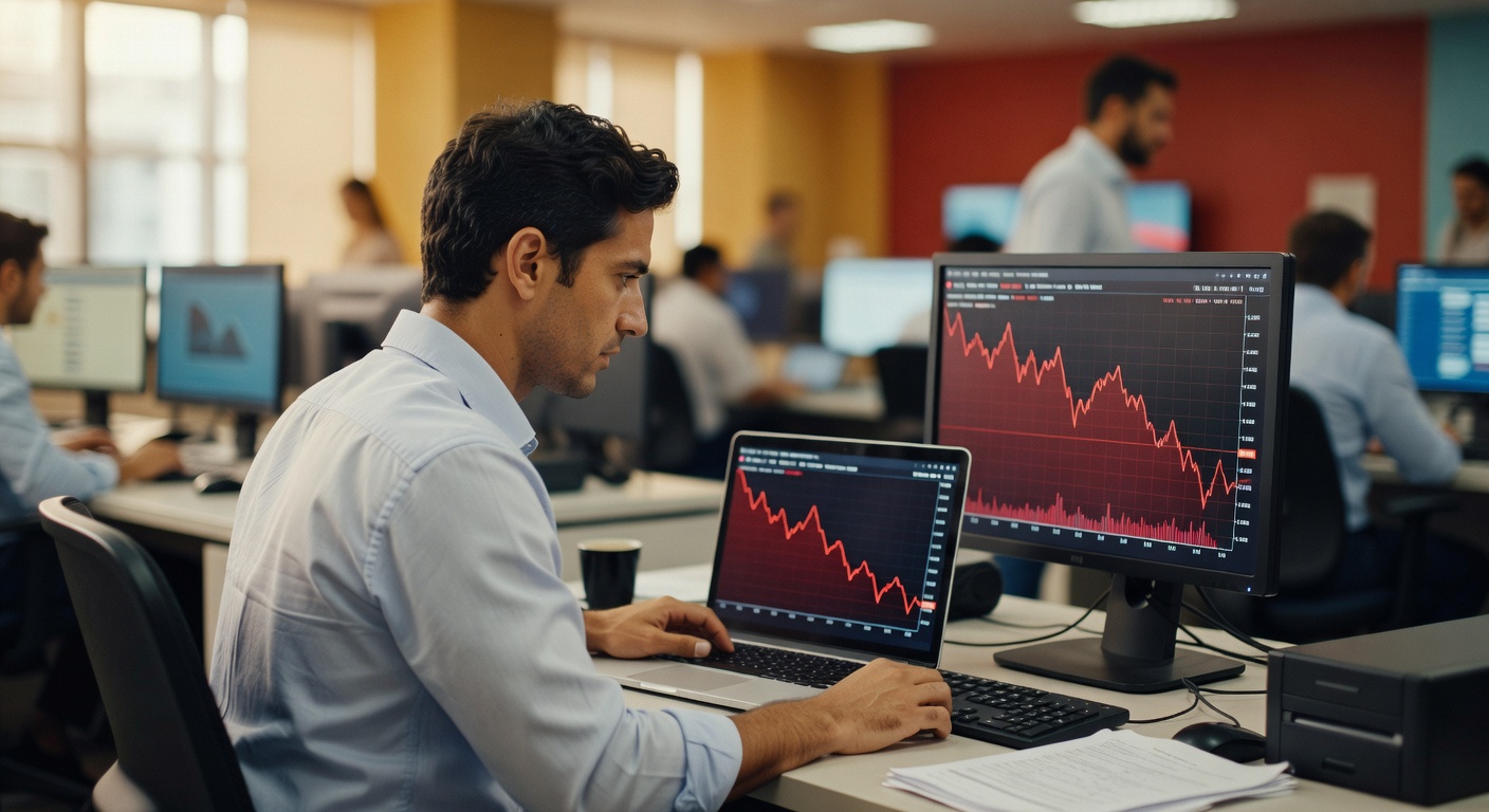Profissional em escritório observando gráficos financeiros em monitores mostrando tendência de baixa, mercado ações Ibovespa