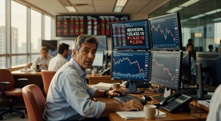 Trader em mesa de operações observando monitores com gráficos do Ibovespa em queda, bolsa de valores, mercado financeiro