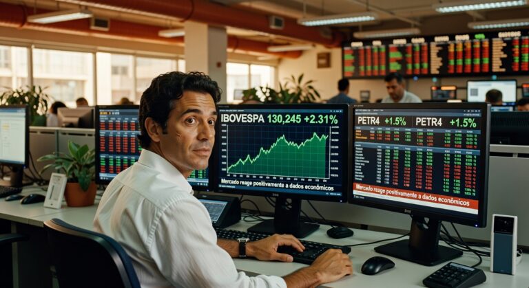 Trader em escritório acompanha alta do Ibovespa em 130.245 pontos com ganho de 2,31% em múltiplas telas financeiras