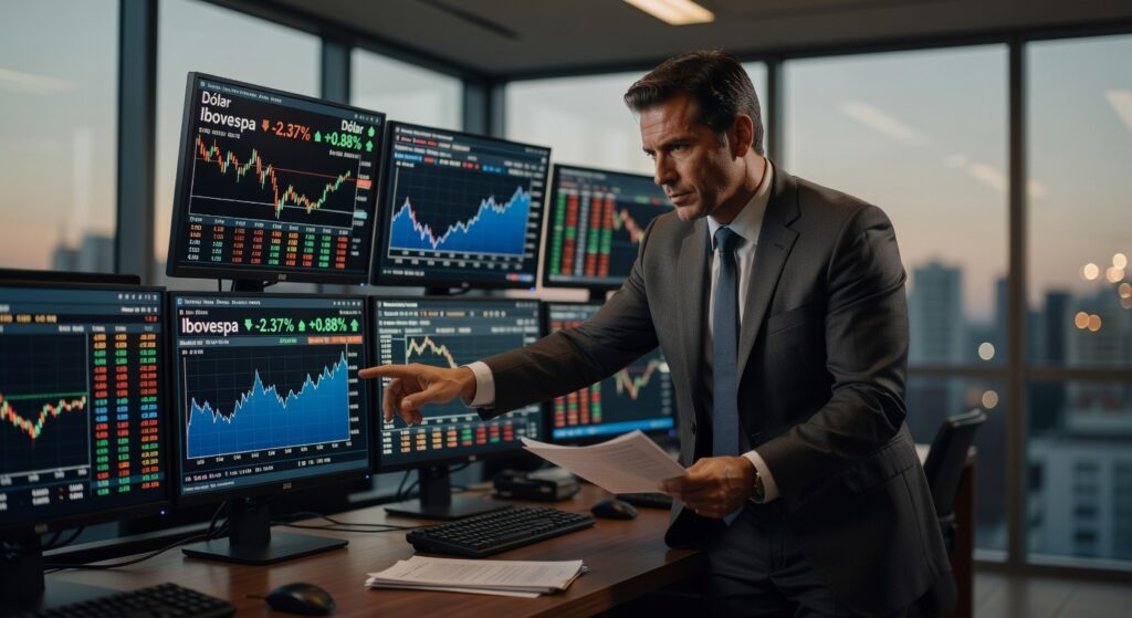 Gráfico mostra queda de 2,37% do Ibovespa e alta de 0,88% do dólar em dia de forte volatilidade no mercado