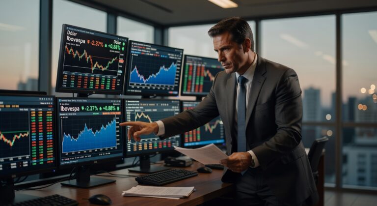 Gráfico mostra queda de 2,37% do Ibovespa e alta de 0,88% do dólar em dia de forte volatilidade no mercado