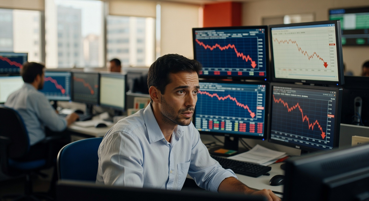 Trader em escritório analisando múltiplos monitores com gráficos financeiros mostrando quedas no mercado acionário Ibovespa