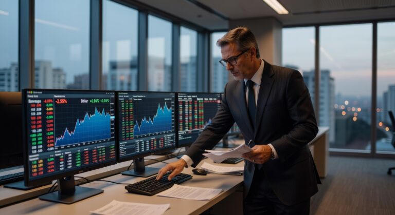 Gráfico mostra queda do Ibovespa -2,55% e alta do dólar +0,88% em sessão de volatilidade no mercado brasileiro