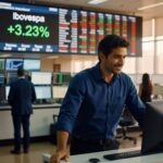 Trader sorridente trabalhando em mesa de operações com painel do Ibovespa mostrando alta de 3,23% ao fundo bolsa valores