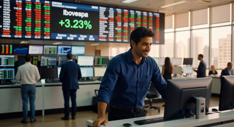 Trader sorridente trabalhando em mesa de operações com painel do Ibovespa mostrando alta de 3,23% ao fundo bolsa valores