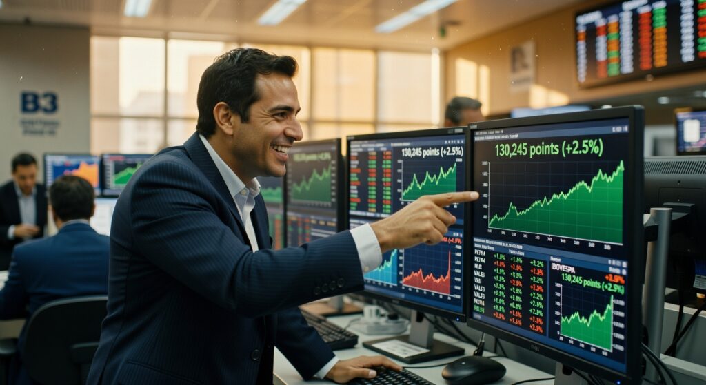 Trader sorridente aponta para monitor mostrando Ibovespa em 130.245 pontos com alta de 2,5% em pregão da bolsa brasileira