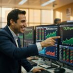 Trader sorridente aponta para monitor mostrando Ibovespa em 130.245 pontos com alta de 2,5% em pregão da bolsa brasileira