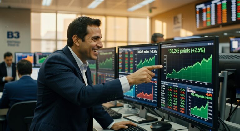 Trader sorridente aponta para monitor mostrando Ibovespa em 130.245 pontos com alta de 2,5% em pregão da bolsa brasileira