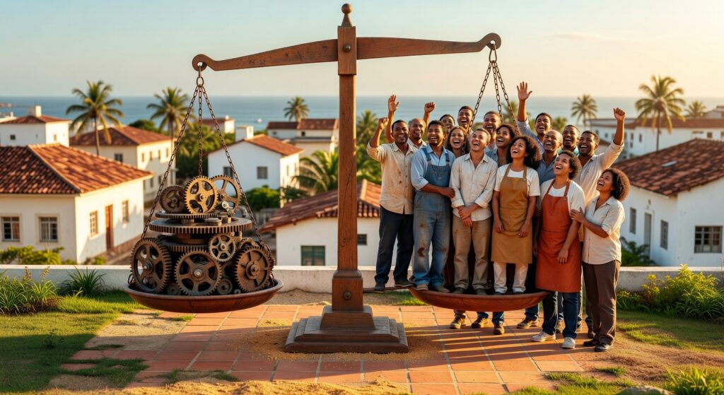 Balança gigante com grupo de trabalhadores felizes de um lado e engrenagens mecânicas do outro, representando jornada trabalho