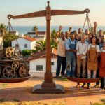 Balança gigante com grupo de trabalhadores felizes de um lado e engrenagens mecânicas do outro, representando jornada trabalho