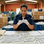 Agente uniformizada examina canetas de medicamentos apreendidas em operação fiscal, com caixas de produtos ao fundo