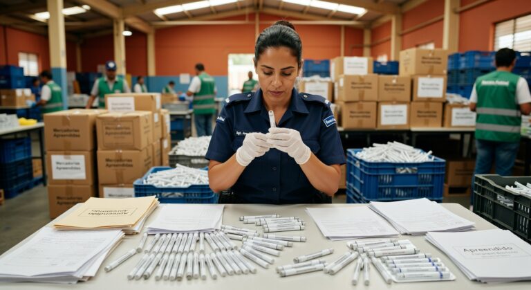 Agente uniformizada examina canetas de medicamentos apreendidas em operação fiscal, com caixas de produtos ao fundo