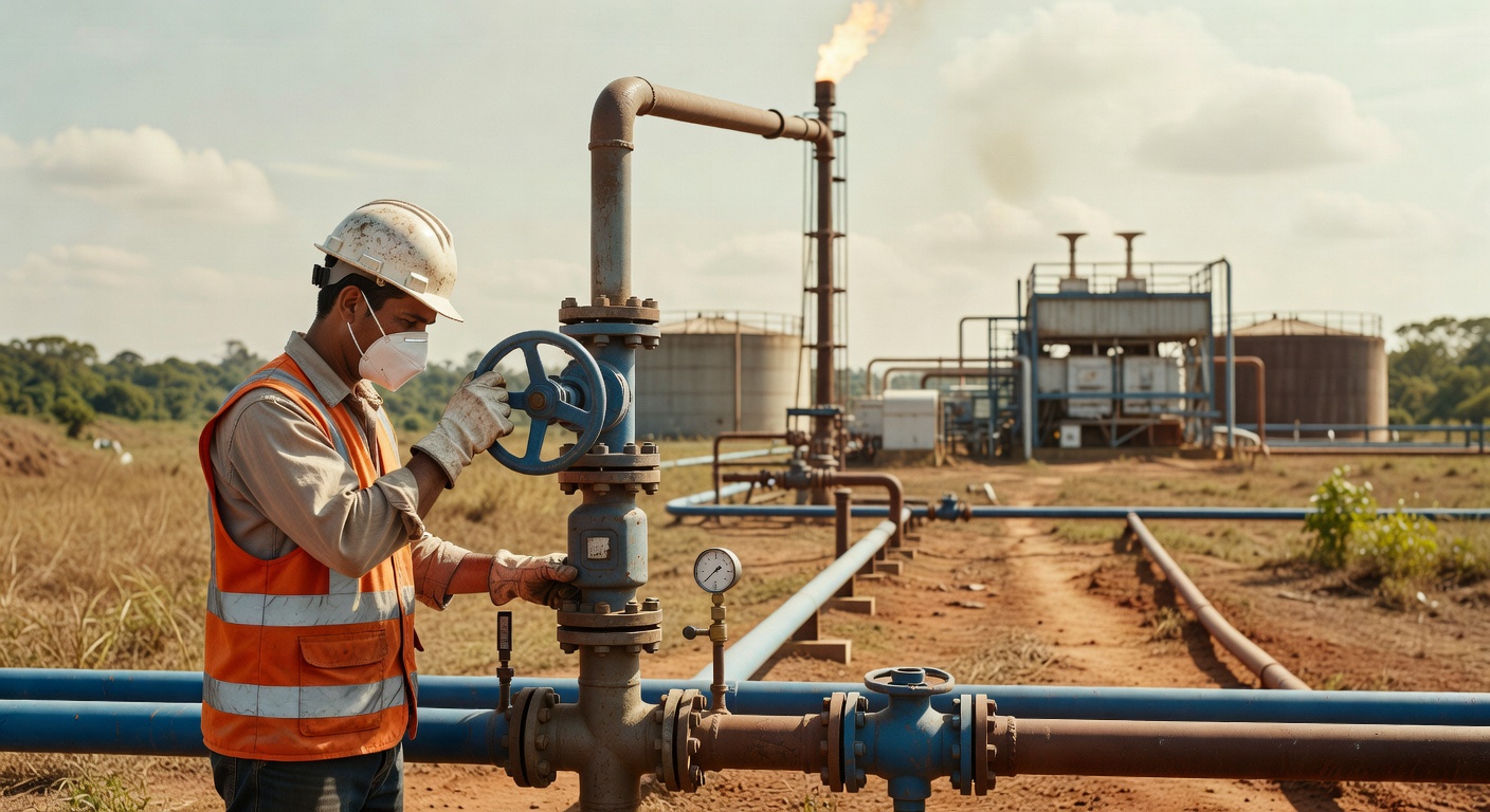 Trabalhador de capacete branco operando válvula azul em tubulação de gás natural, com tanques industriais ao fundo, setor energético