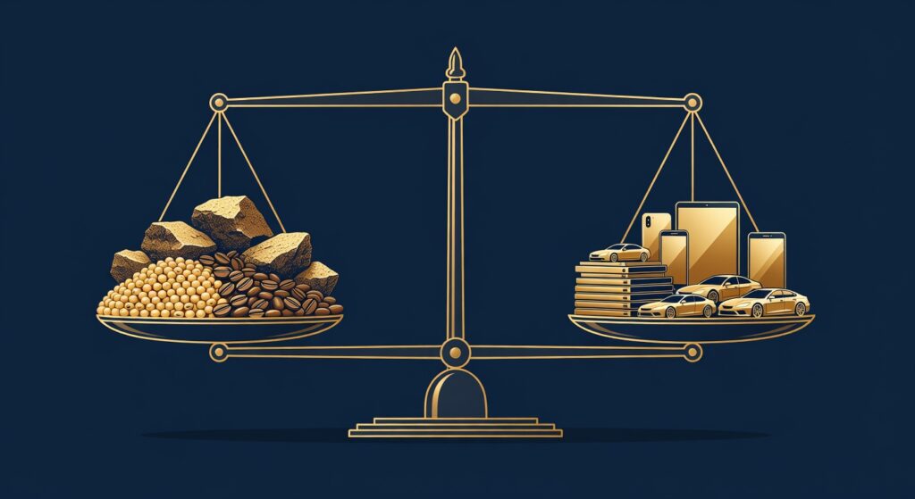Ilustração mostrando balança equilibrando produtos de exportação brasileiros como soja e minério versus produtos importados como eletrônicos