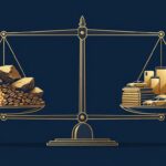 Ilustração mostrando balança equilibrando produtos de exportação brasileiros como soja e minério versus produtos importados como eletrônicos