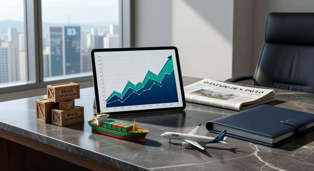 Mesa executiva com tablet mostrando gráfico ascendente, caixas Brasil Exportação, navio cargueiro e avião TAM balança comercial