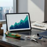 Mesa executiva com tablet mostrando gráfico ascendente, caixas Brasil Exportação, navio cargueiro e avião TAM balança comercial