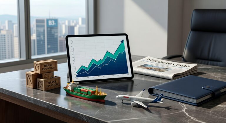 Mesa executiva com tablet mostrando gráfico ascendente, caixas Brasil Exportação, navio cargueiro e avião TAM balança comercial