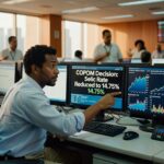 Trader em mesa de operações financeiras apontando para monitor com informações sobre decisão do COPOM de redução da Selic para 14,75%, mercado financeiro