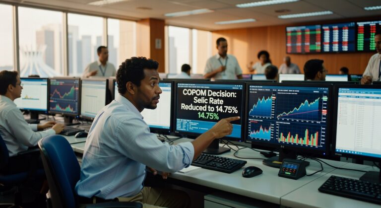 Trader em mesa de operações financeiras apontando para monitor com informações sobre decisão do COPOM de redução da Selic para 14,75%, mercado financeiro
