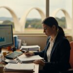 Mulher em traje executivo analisando gráficos financeiros no computador em escritório, mercado financeiro análise