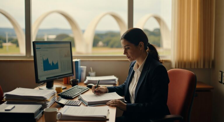 Mulher em traje executivo analisando gráficos financeiros no computador em escritório, mercado financeiro análise