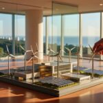 Maquete com turbinas eólicas e painéis solares sendo apresentada em escritório corporativo, investimentos sustentáveis