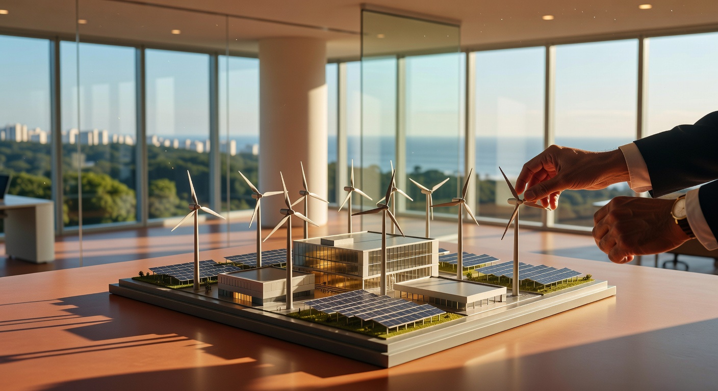 Maquete com turbinas eólicas e painéis solares sendo apresentada em escritório corporativo, investimentos sustentáveis