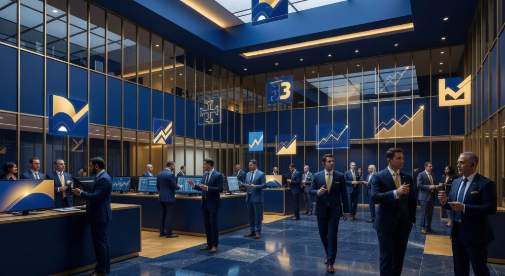 Ilustração de uma bolsa de valores representada como um supermercado moderno com prateleiras cheias de símbolos de empresas brasileiras