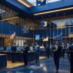 Ilustração de uma bolsa de valores representada como um supermercado moderno com prateleiras cheias de símbolos de empresas brasileiras