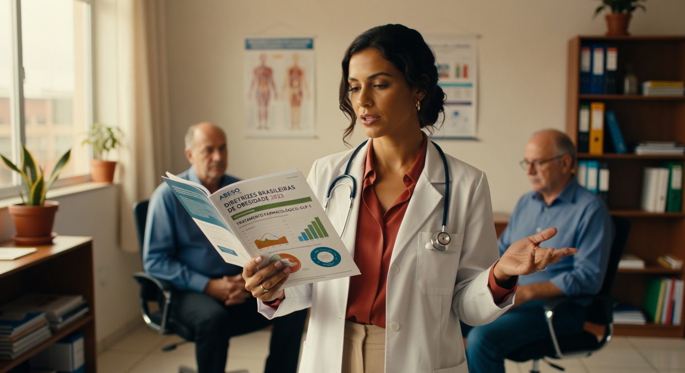 Médica com jaleco branco lendo documento sobre diretrizes brasileiras de obesidade em consultório com pacientes idosos saúde