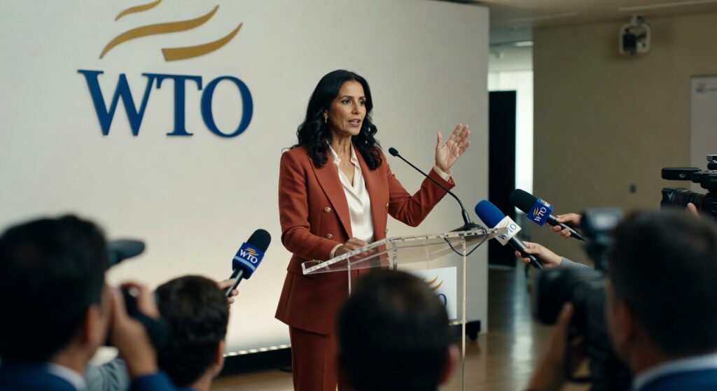 Executiva em terno vermelho durante coletiva de imprensa na sede da OMC com microfones e jornalistas presentes comércio internacional