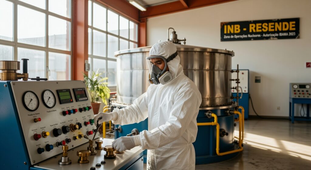 Técnico em traje de proteção opera painel de controle em laboratório nuclear brasileiro com equipamentos industriais