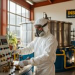 Técnico em traje de proteção opera painel de controle em laboratório nuclear brasileiro com equipamentos industriais