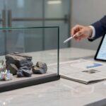 Vitrine com minerais críticos cristalinos e carvão, executivo analisa gráficos financeiros em tablet, investimentos mineração