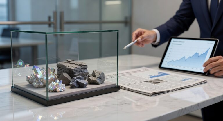 Vitrine com minerais críticos cristalinos e carvão, executivo analisa gráficos financeiros em tablet, investimentos mineração