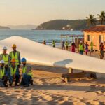 Engenheiros e trabalhadores com uniformes de segurança posam ao lado de grande pá de turbina eólica na praia, energia renovável