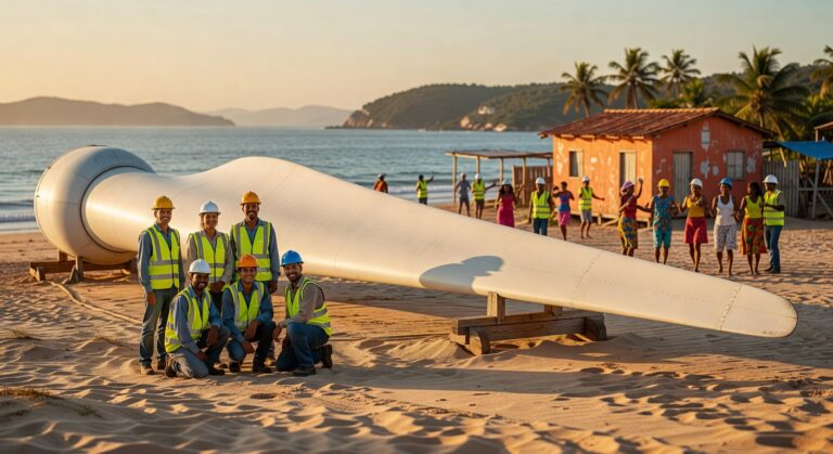 Engenheiros e trabalhadores com uniformes de segurança posam ao lado de grande pá de turbina eólica na praia, energia renovável