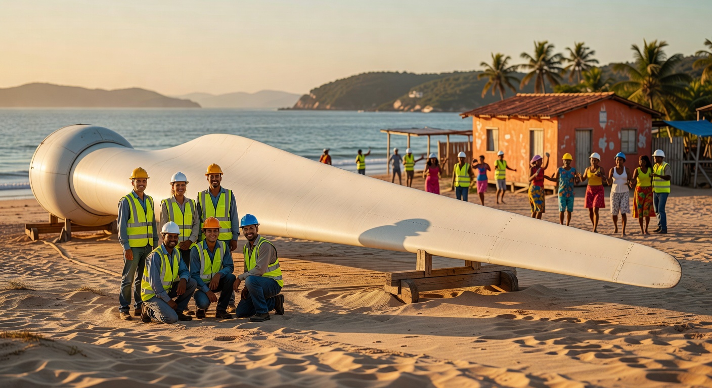 Engenheiros e trabalhadores com uniformes de segurança posam ao lado de grande pá de turbina eólica na praia, energia renovável