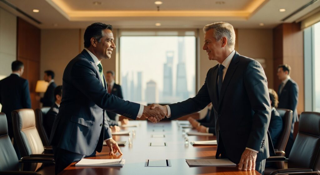 Dois executivos de terno fazem aperto de mãos em sala de reunião corporativa com vista urbana, negócios bilaterais