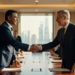 Dois executivos de terno fazem aperto de mãos em sala de reunião corporativa com vista urbana, negócios bilaterais
